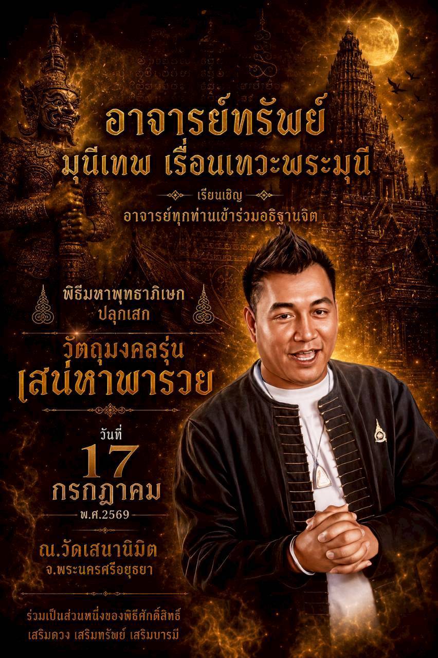 ขอเชิญร่วมมหาพิธีศักดิ์สิทธิ์แห่งปี! ร่วมอธิษฐานจิตรับสิริมงคล ในพิธีมหาพุทธาภิเษกปลุกเสกวัตถุมงคล “รุ่นเสน่หาพารวย”